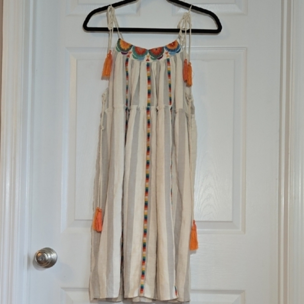 Altar'd State Cream Striped Boho Sundress with Orange Tassels
